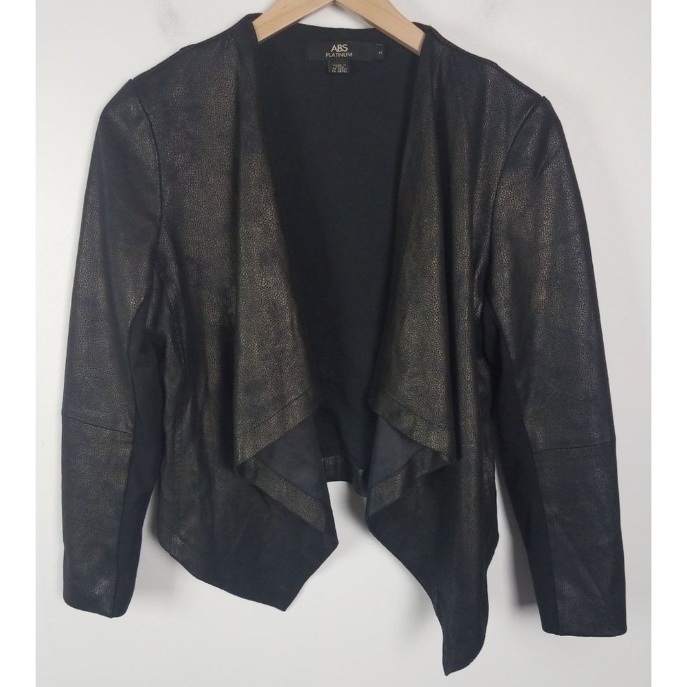 ABS Platinum Women's Sz. S Black Faux Leather Draped Long Sleeve Jacket